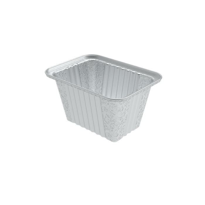 Silver disposable aluminum foil container with textured walls.