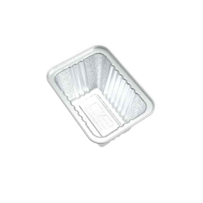 Silver aluminum takeout container with ridged design and "HARIBO" branding.