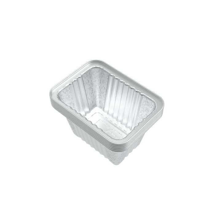 Silver aluminum foil takeout container with ridged design.