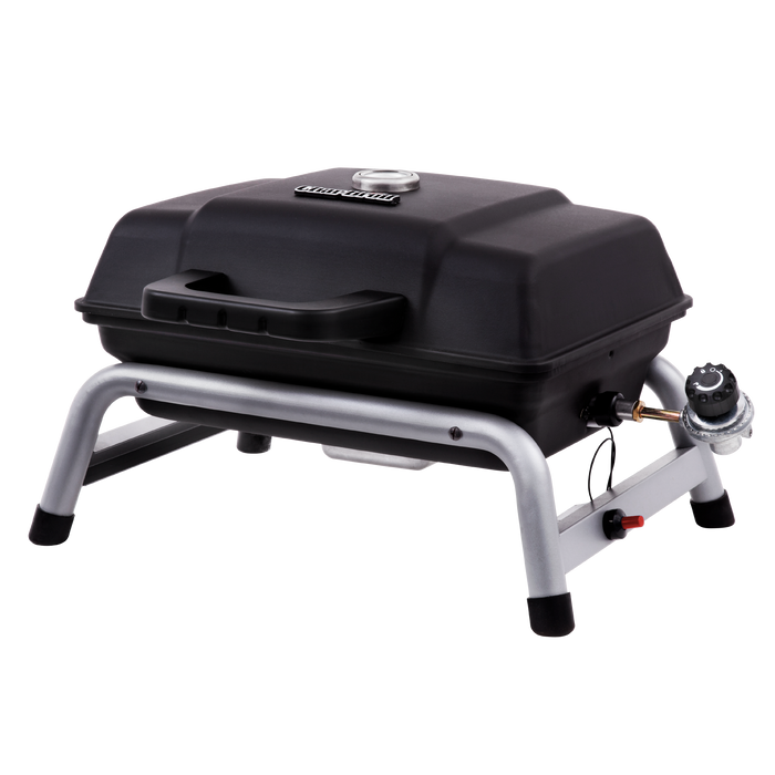 Black portable gas grill with silver frame and control knob.