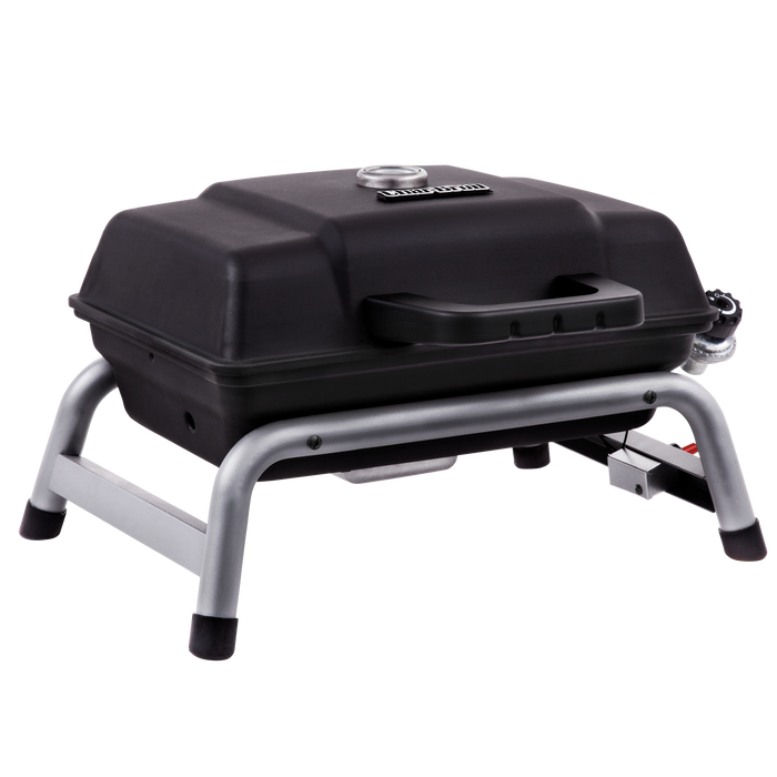 Black portable gas grill with silver frame and control panel.