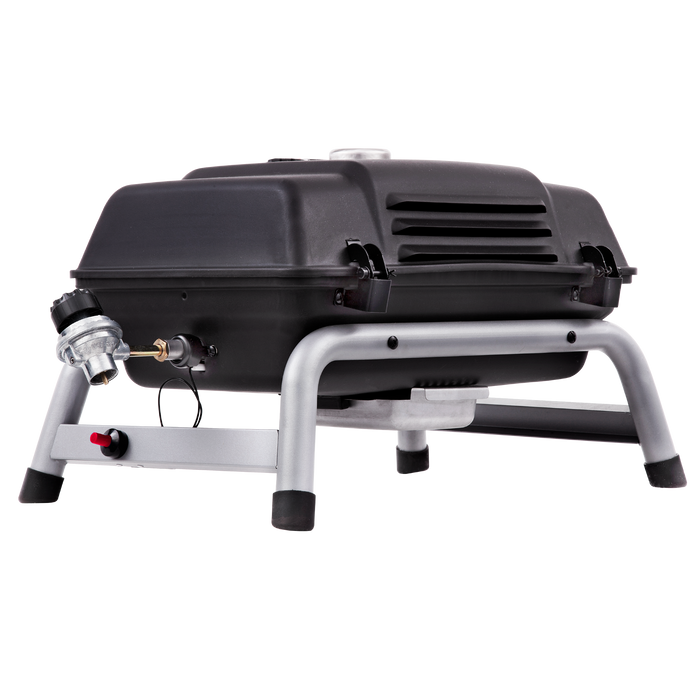 Black portable gas grill with silver legs and control knobs.