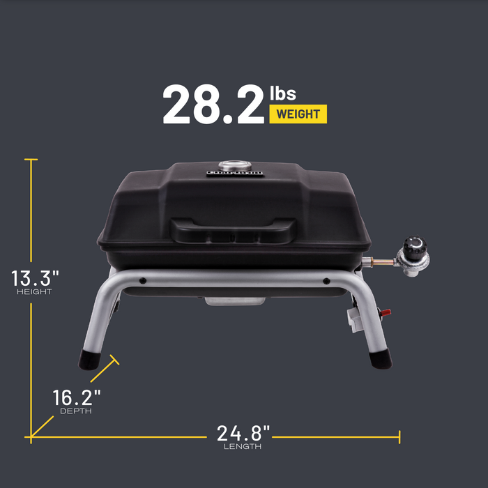 Black portable gas grill with dimensions: 24.8" L x 16.2" D x 13.3" H, 28.2 lbs.