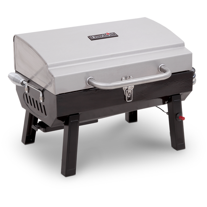 White Char-Broil portable gas grill with black base and silver handles.