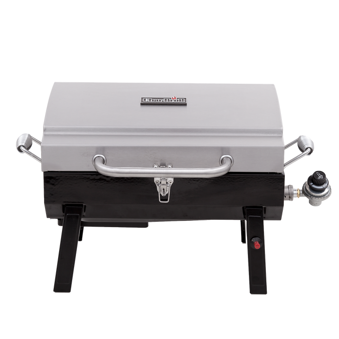 Silver Char-Broil portable gas grill with control knob.