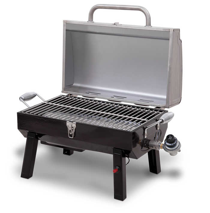 Portable black and silver gas grill with foldable design and control knob.