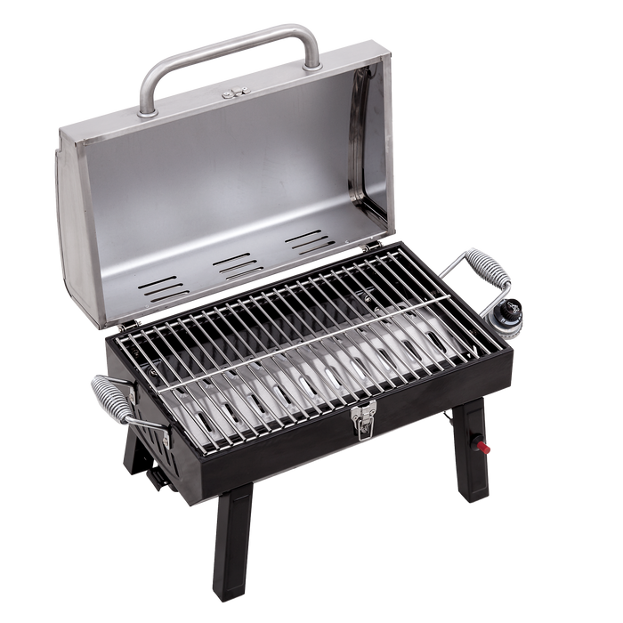Silver and black portable charcoal grill with folding lid and control knobs.