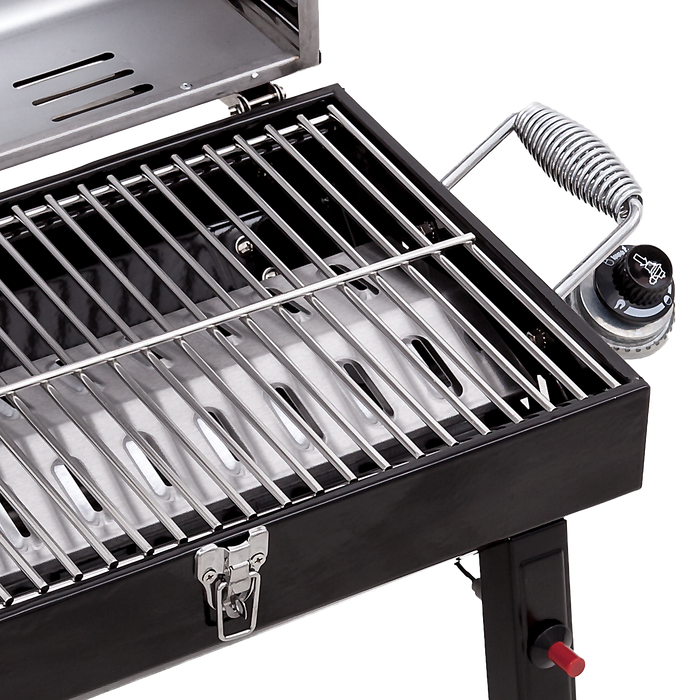 Black portable gas grill with adjustable control knob and spring-assisted lid.
