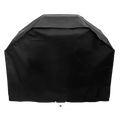 Black outdoor grill cover with drawstring closure.