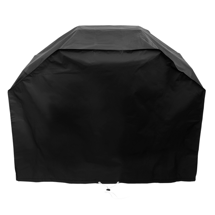 Black outdoor grill cover with drawstring closure.