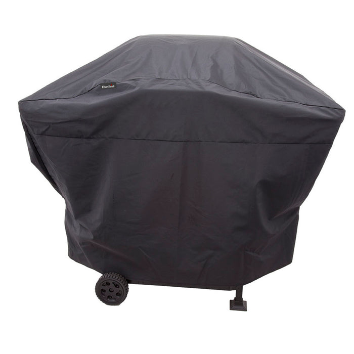 Black grill cover with wheels and brand logo.