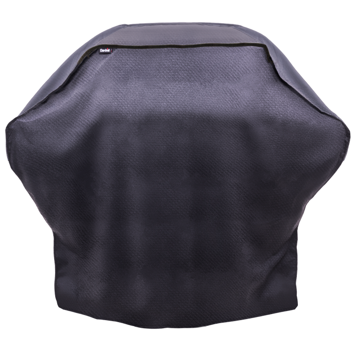 Dark gray grill cover with black trim and brand tag.