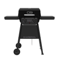 Black Char-Broil electric grill with control knobs and wheels.