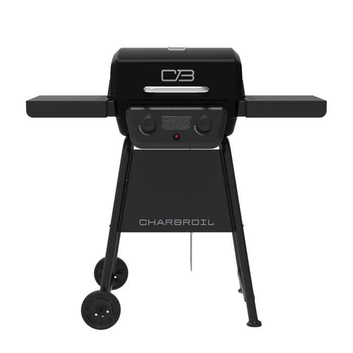 Black Char-Broil electric grill with control knobs and wheels.