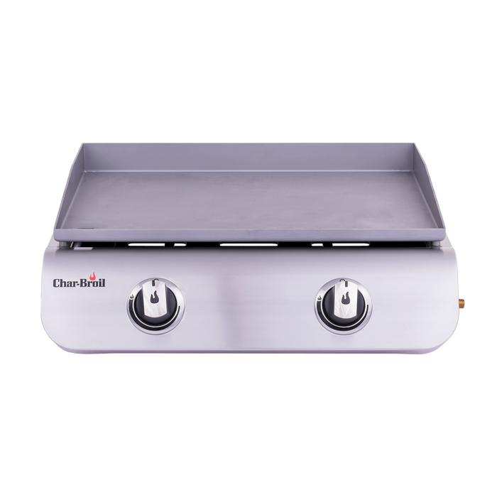 Silver Char-Broil gas grill with two control knobs.