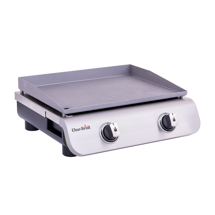 Silver Char-Broil gas griddle with two control knobs.