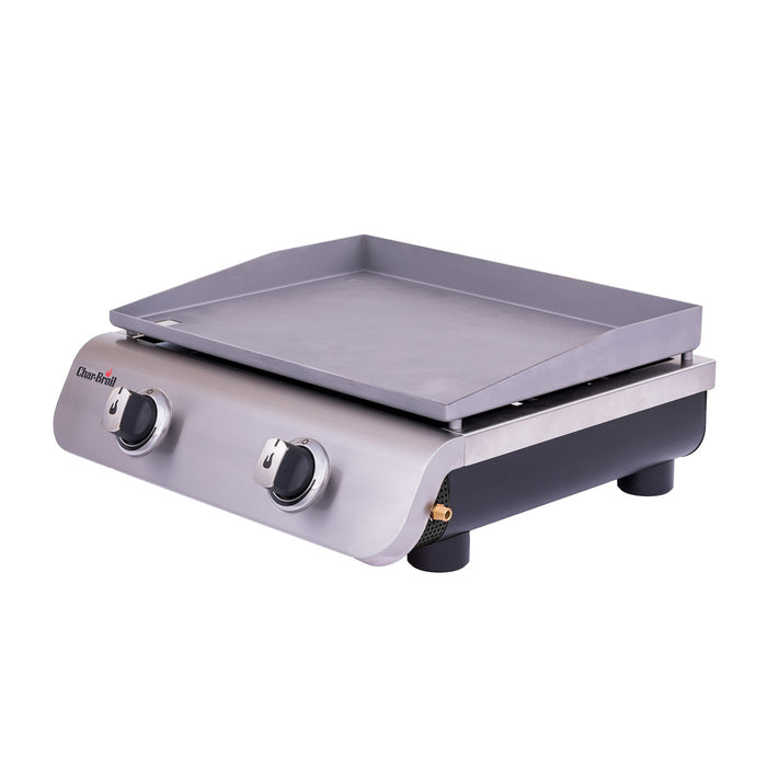 Silver Char-Broil griddle with two control knobs and gas connection.