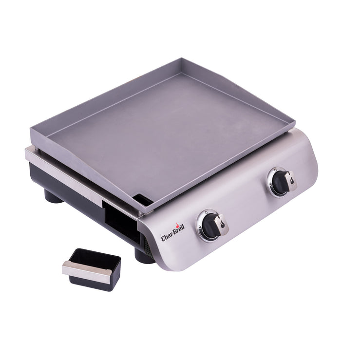 Silver Char-Broil electric griddle with two control knobs.