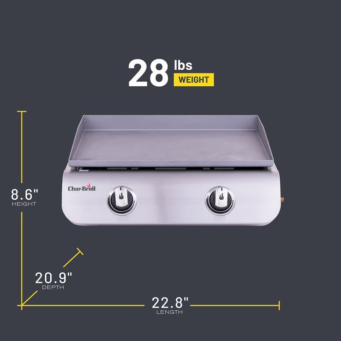 White Char-Broil gas grill with 22.8" length, 20.9" depth, 8.6" height, 28 lbs weight.