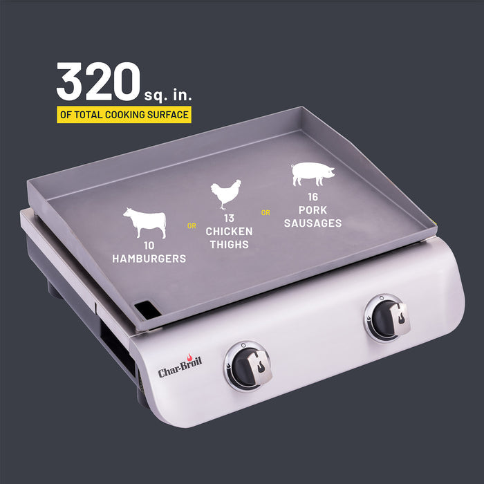 Gray Char-Broil griddle with 320 sq. in. cooking surface, showing capacity for 10 burgers, 13 chicken thighs.
