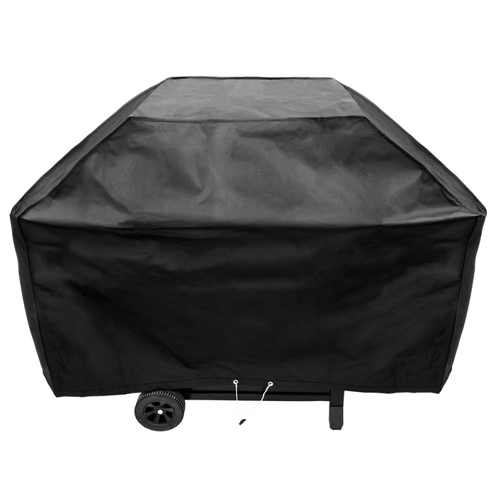Black grill cover with wheels and tie-downs.