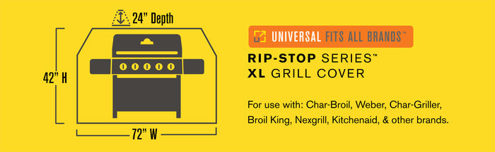 Yellow "RIF GRILL'S XL SERIES COVER" for 72" W x 24" D grills, fits all brands.