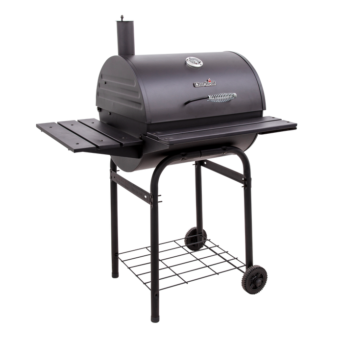 Black Char-Broil charcoal grill with side shelves and wheels.