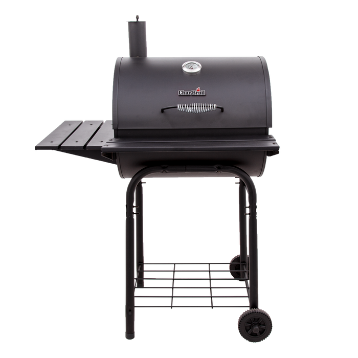 Black Char-Broil charcoal grill with side shelf and thermometer.