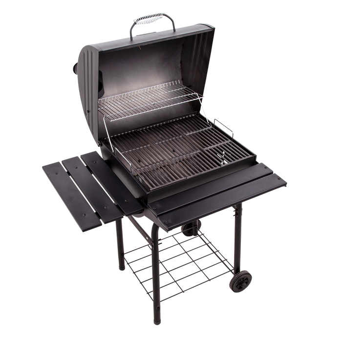 Black charcoal grill with two racks, side shelves, and wheels.