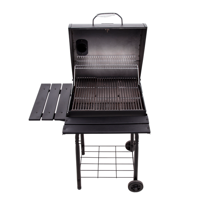 Black charcoal grill with side shelf and wheels.