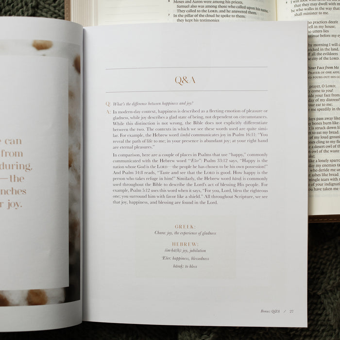 A Joy That Endures bible study opened to the Bonus Q and A on page 27 laying on an open bible on a green knitted blanket