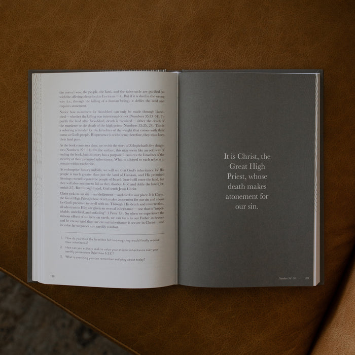 A Year in the Bible Hardcover opened to page 139 on a leather couch