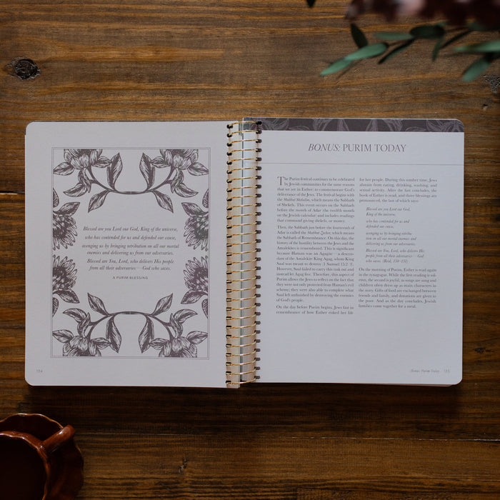 A Year in the Bible Spiral opened to the Esther reading portion and questions page next to a brown coffee cup on a brown wooden table