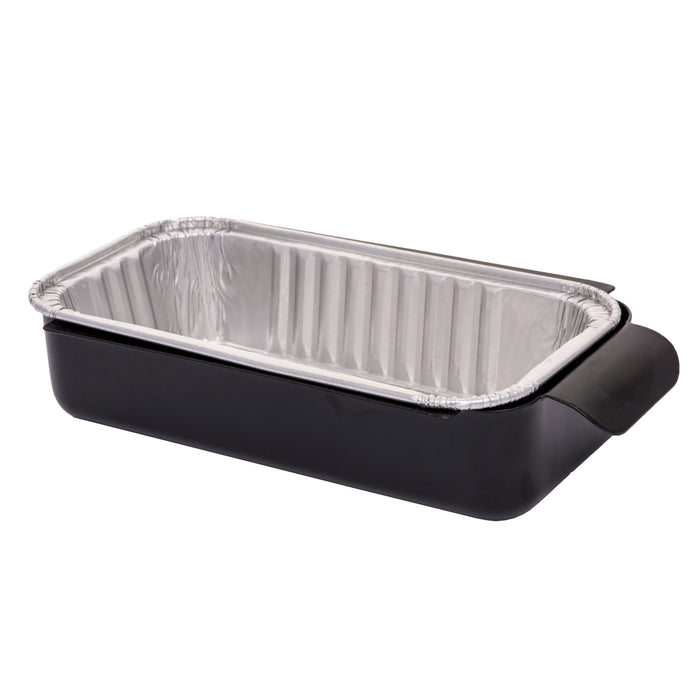 Black ceramic roasting pan with aluminum foil insert.