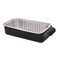 Black rectangular baking dish with silver aluminum insert.