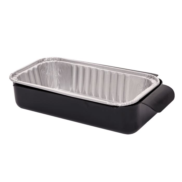 Black rectangular baking dish with silver aluminum insert.