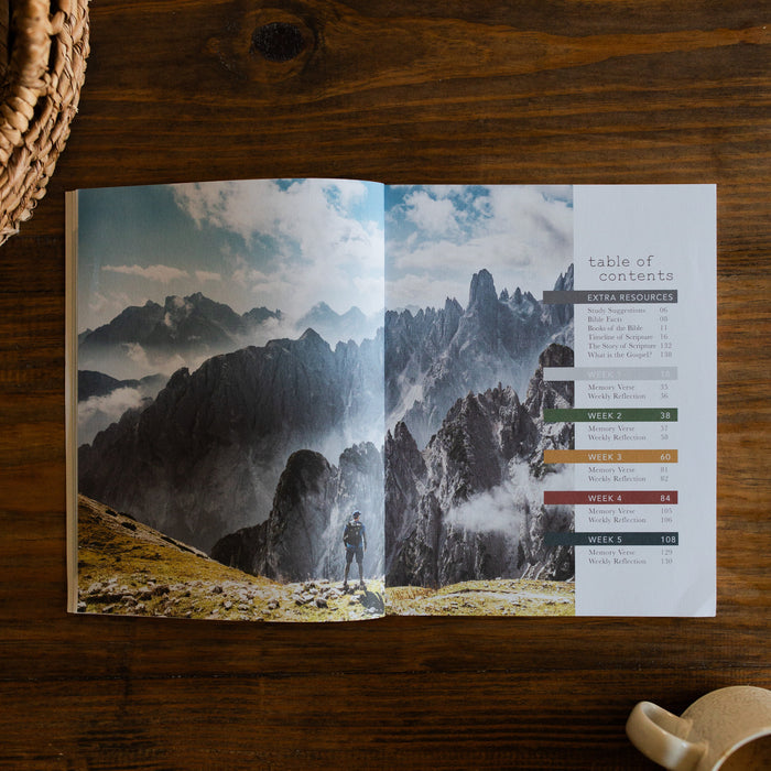 Amen Mens Study opened to the table of contents page laying on a wooden table next to a white coffee cup and a woven basket