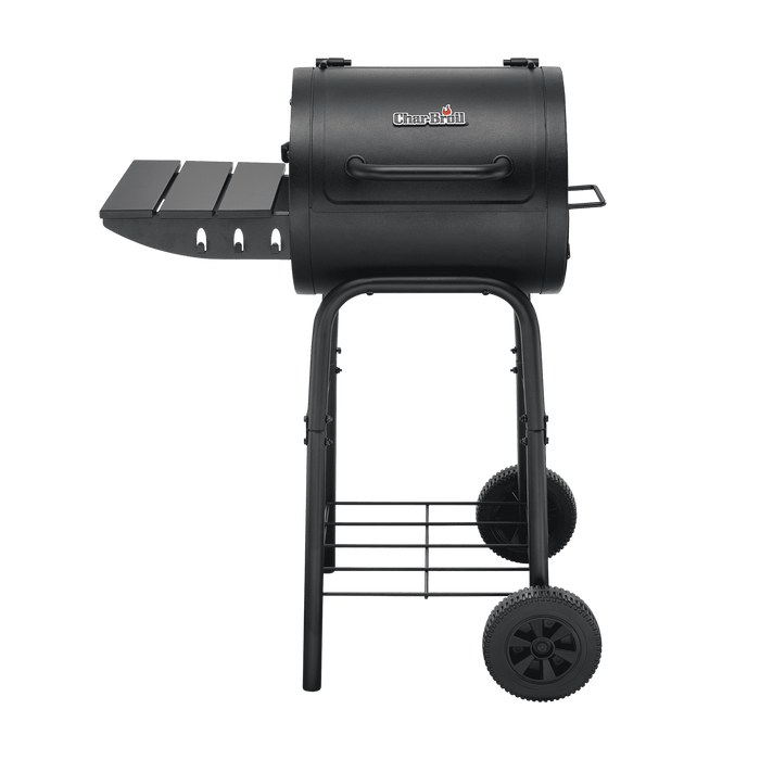 Black Char-Broil charcoal grill with wheels and side shelf.