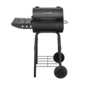 Black Char-Broil charcoal grill with wheels and side shelf.