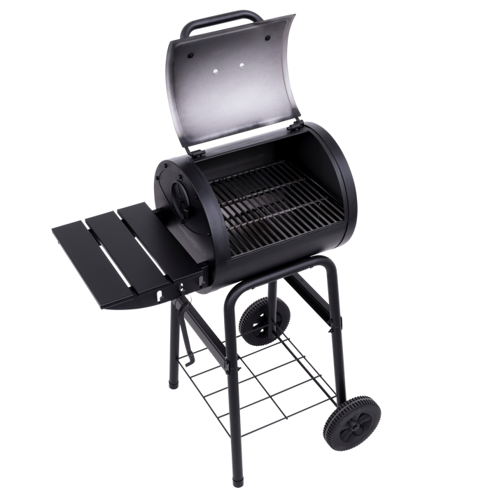 Black charcoal grill with side shelf and wheels.