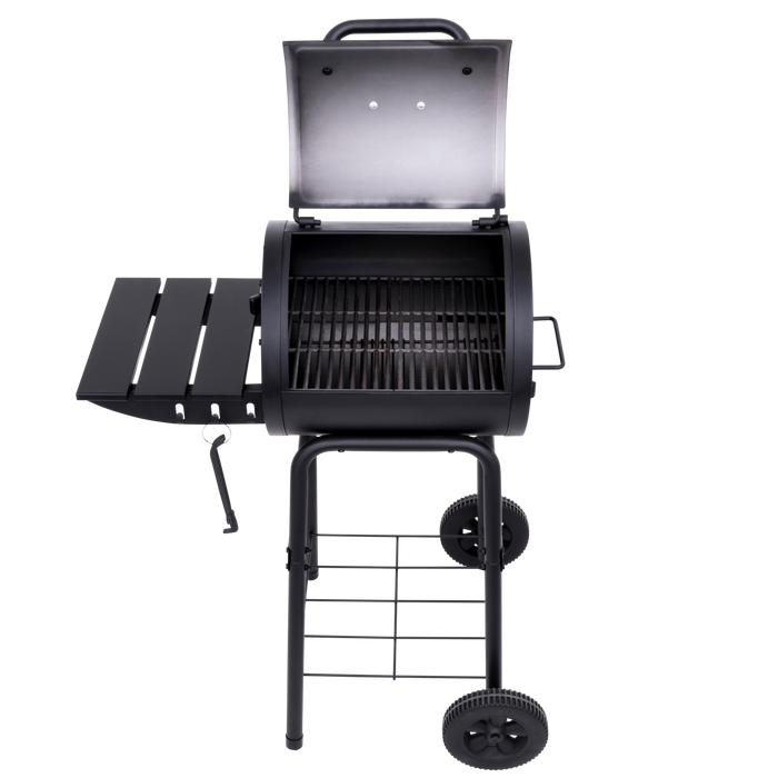 Black charcoal grill with side shelf and wheels.