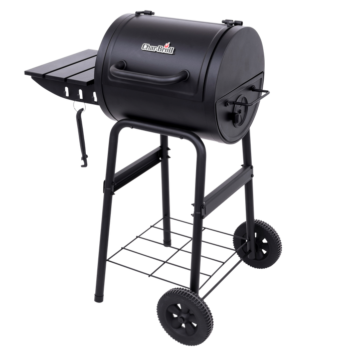 Black Char-Broil charcoal grill with wheels and side shelf.