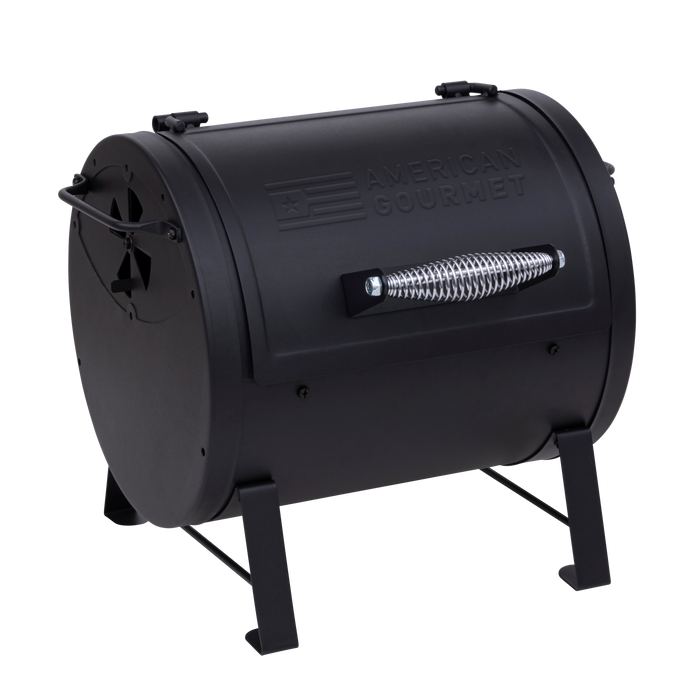 Black American Gourmet smoker with spring-assisted lid.