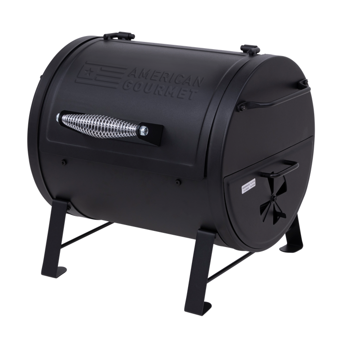 Black American Gourmet smoker with spring-assisted lid and side vent.