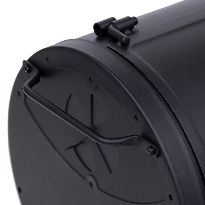 Black portable grill with carrying handle and foldable legs.