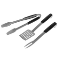"Set of black-handled stainless steel barbecue tools: tongs, spatula, and fork."