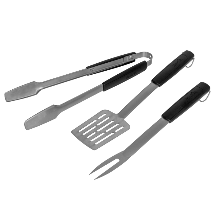 "Set of black-handled stainless steel barbecue tools: tongs, spatula, and fork."