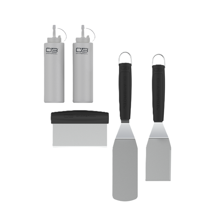 Char-Broil set including two white squeeze bottles, a spatula, and a scraper.