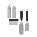 Char-Broil set including two white squeeze bottles, a spatula, and a scraper.