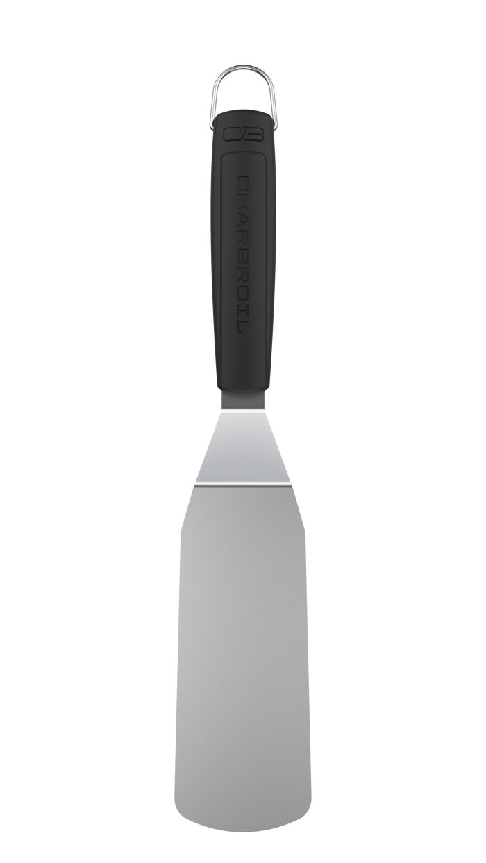Black Char-Broil spatula with stainless steel blade and hanging loop.